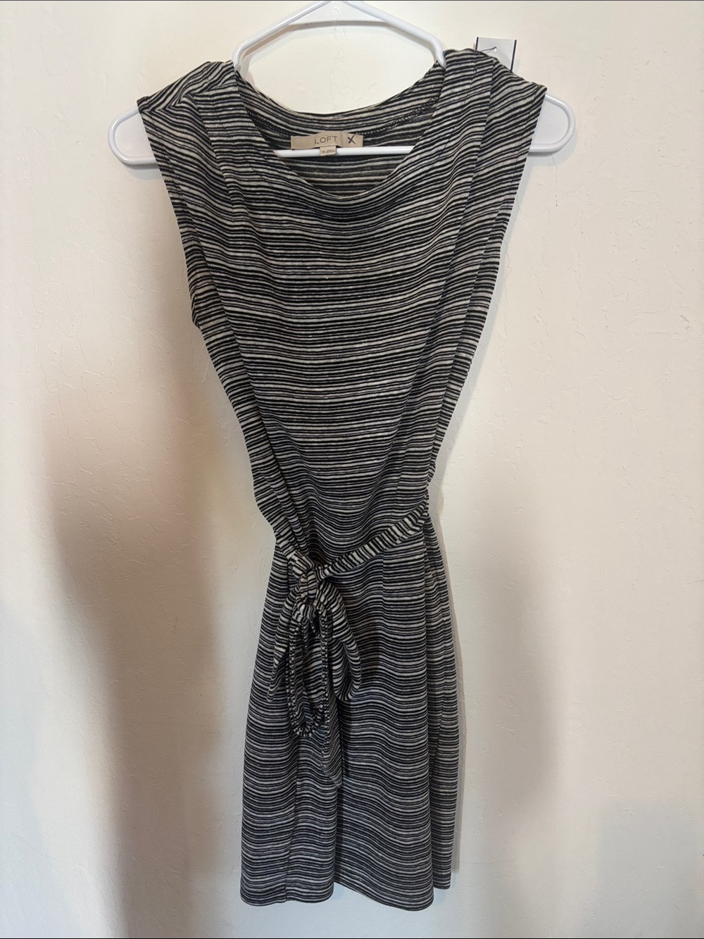 LOFT Black & White Striped Tie-Waist Midi Dress